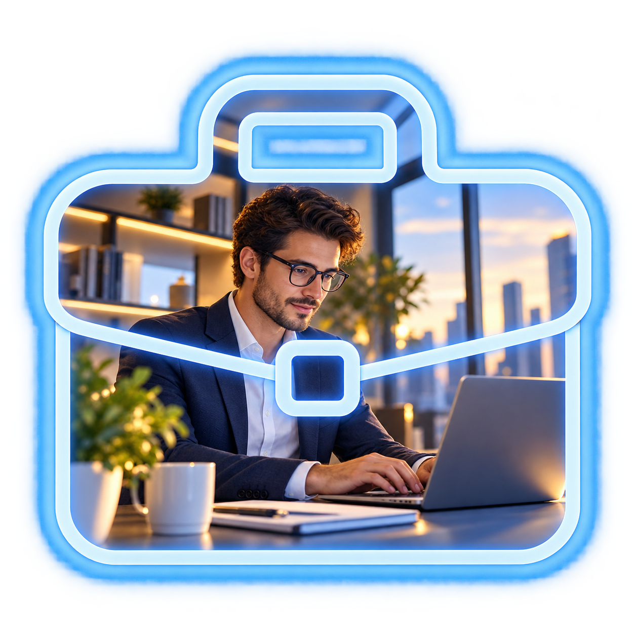 A business professional within a briefcase-shaped frame
