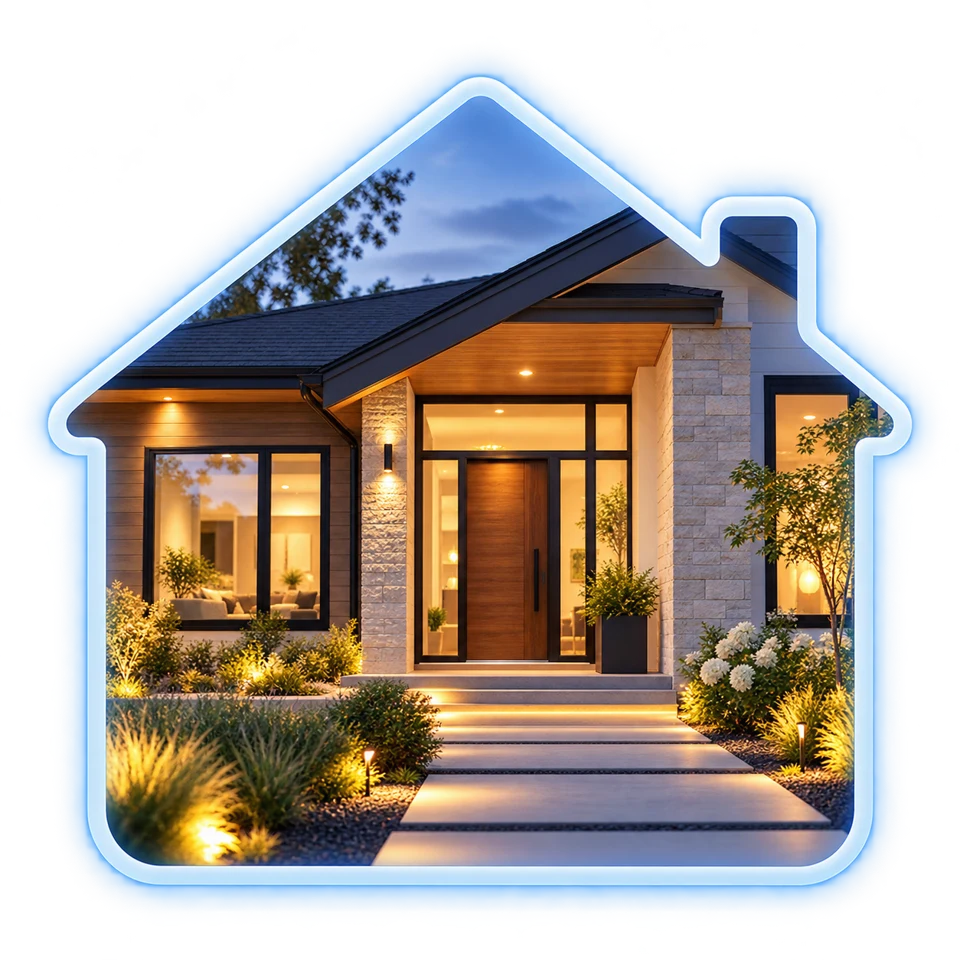 A residential entrance within a house-shaped frame