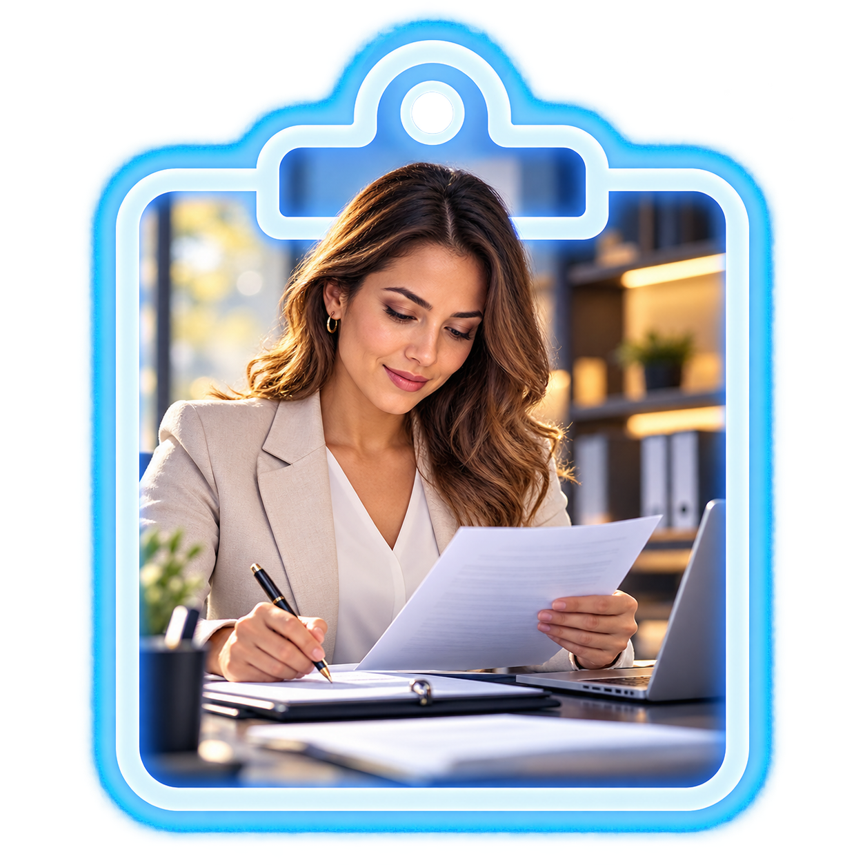 A professional reviewing documents within a clipboard-shaped frame