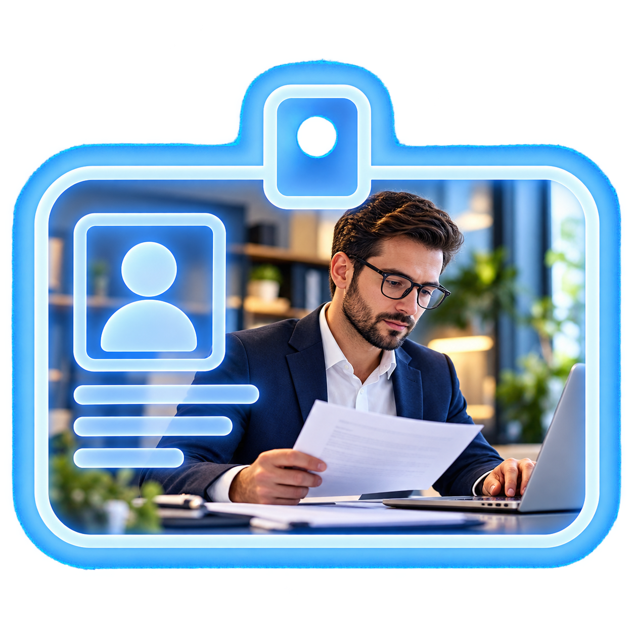 A professional reviewing documents within an ID-badge-shaped frame